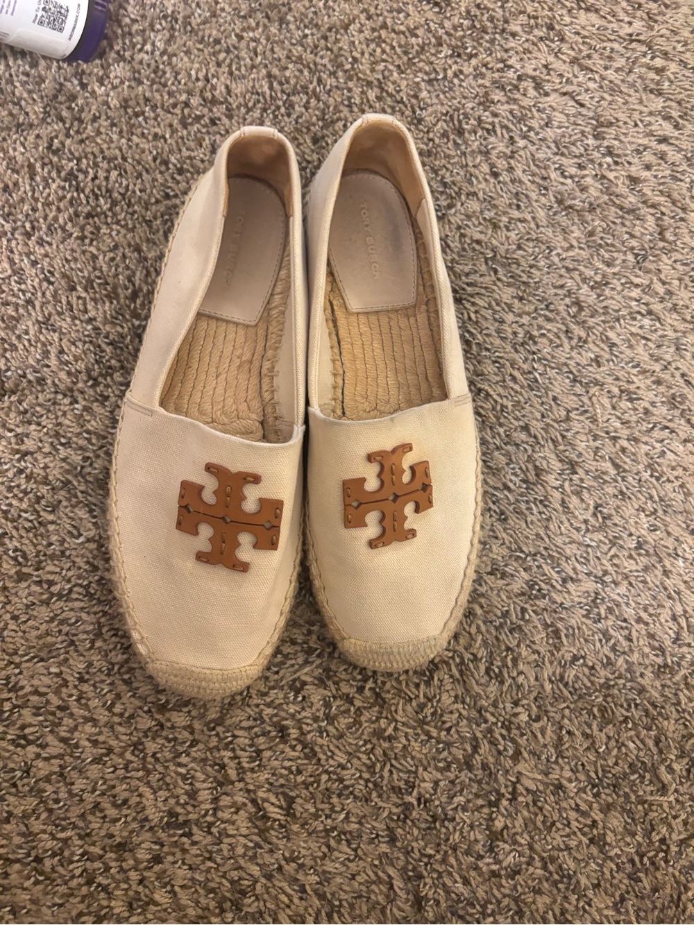 Tory Burch Ines Canvas Espadrilles Ivory Tan Double T Logo Size 7.5